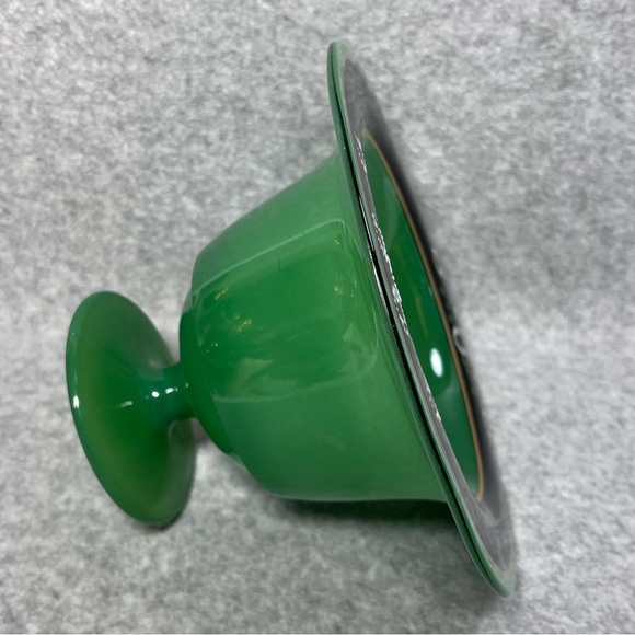 Pedestal Candy Dish Compote Green with Black and Gold Trim Pedestal 6.25” - Picture 5 of 9